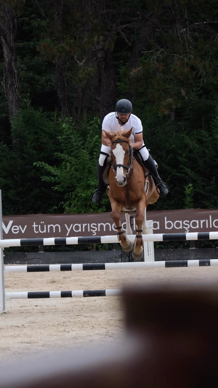 Yarışma parkurunda engelden atlayan doru at ve binicisi, uzaktan